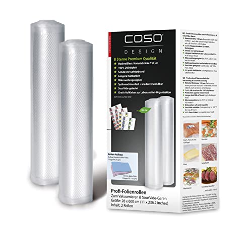 CASO Profi- Folienrollen 28x600 cm / 2 Rollen, für alle Vakuumierer, BPA-frei, sehr stark & reißfest ca. 150µm, aromadicht, kochfest, Sous Vide, wiederverwendbar, inkl. Food Manager Sticker von Caso