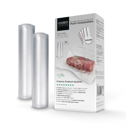 CASO 8 Sterne Profi- Folienrollen 28x600 cm / 2 Rollen, Vakuumierbeutel für alle Vakuumierer, sehr stark & reißfest ca. 150µm, Vakuumbeutel Lebensmittel Vakuumiergerät, Sous Vide, BPA-frei von Caso
