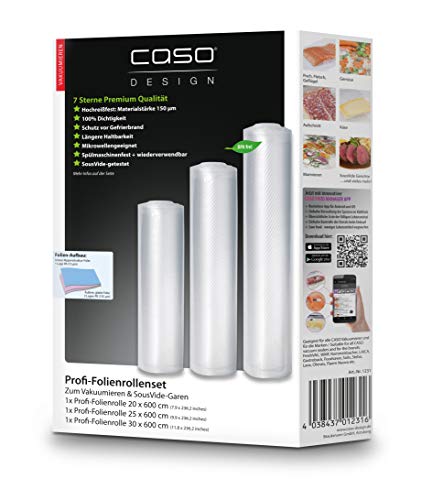 CASO Profi- Folienrollen Set 4 / 1 St. 20x600 cm, 1 St. 25x600 cm, 1 St. 30x600 cm 150µm, für Vakuumierer / Folienschweißgeräte, BPA-frei, sehr stark, reißfest, kochfest von Caso