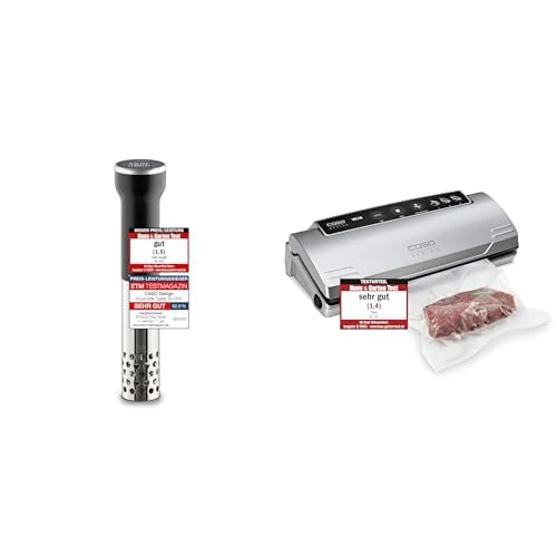 CASO SV400 Sous Vide Stick, für Behälter bis 20l Volumen, 25-90°C in 0,5°C Schritten, IPX7 & VC10 Vakuumierer - Vakuumiergerät, 30cm lange & stabile Schweißnaht, inkl. 10 Profi-Folienbeutel von Caso