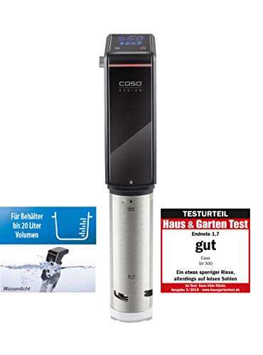 CASO Sous Vide Stick SV300 - konstante Temperatur bis 90°C in 0,5°C - Schritten, komplett wasserfest (IPX7-Standard), Timerfunktion bis 99 Std., flexibler Handgriff, erwärmt bis zu 20 Liter von Caso