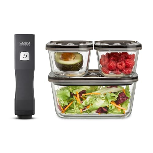 CASO Vacu OneTouch Eco-Set, Handvakuumierer inkl. 3 Vakuumbehälter aus Glas, 10 ZIP-Beutel und Food Manager Sticker, kabellos, bis zu 150 Minuten Laufzeit, aufladbar von Caso