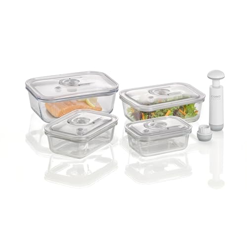 CASO VacuBoxx E-Set - 4 extrem stabile eckige Vakuumbehälter aus Borosilikatglas, BPA-Frei, hitzebeständig, spülmaschinenfest, gefriergeeignet, geschmacksneutral, genaue Datumseinstellung von Caso