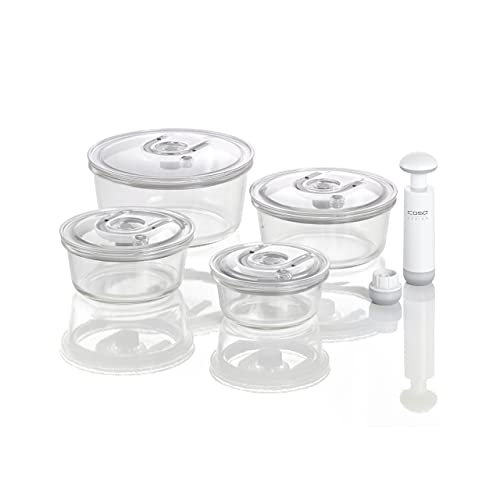 CASO VacuBoxx R-Set - 4 - extrem stabile runde Vakuumbehälter aus Borosilikatglas, BPA-Frei, hitzebeständig, spülmaschinenfest, gefriergeeignet, geschmacksneutral, genaue Datumseinstellung von Caso