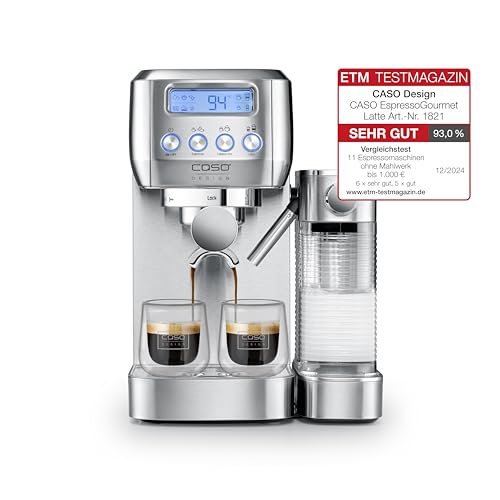 CASO Espresso Gourmet Latte - Testurteil Sehr Gut, Siebträgermaschine mit integriertem Milchbehälter, 20 bar ULKA Pumpe, Tassenwärmeplatte, 1 oder 2 Tassen, Silber, Edelstahl von Caso