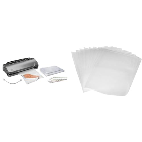 Caso VC 10 Plus Edition - inkl. großem Zubehör Set, 30 cm Schweißnaht, variable Vakuumstärke, Vakuumpumpe 9 L/min, grau, silber, 1er Pack & Amazon Basics Vakuumierbeutel 22cm x 30 cm, 50 Stück von Caso