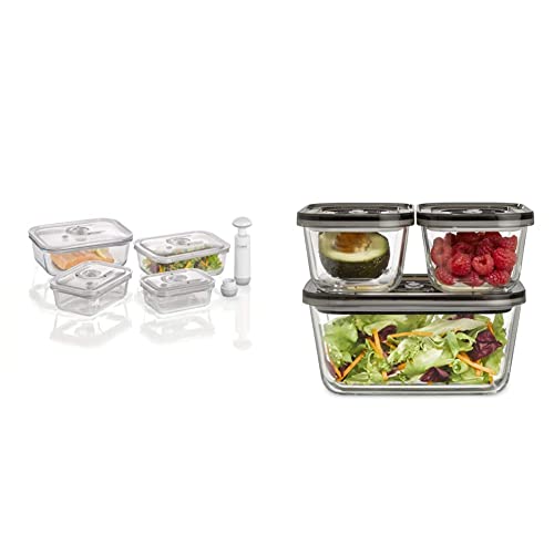 Caso VacuBoxx E-Set - 4 extrem stabile eckige Vakuumbehälter & VacuBoxx Eco-Set - 3 Vakuumbehälter aus Borosilikatglas, BPA-Frei, inkl. Vakuumierschlauch & Adapter Vakuumierer/Handpumpe von Caso
