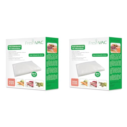 FreshVac Folienbeutel 20x30 cm, 50 Stück für Ihren Vakuumierer, starke & reißfeste Vakuumbeutel (Materialstärke ca. 140 µm), BPA-frei, ideal für SousVide Garen (Packung mit 2) von Caso