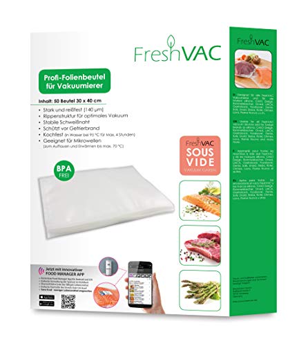 FreshVac Folienbeutel 30x40 cm, 50 Stück für Ihren Vakuumierer, starke & reißfeste Vakuumbeutel (Materialstärke ca. 140 µm), BPA-frei, ideal für SousVide Garen von Caso