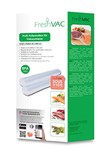 FreshVac Folienrollen 30x600 cm, 2 Stück für Ihren Vakuumierer, starke & reißfeste Vakuumbeutel (Materialstärke ca. 140 µm), BPA-frei, ideal für SousVide Garen, Rose von Caso