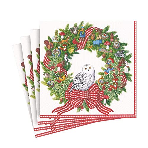 Caspari 14700L Snowy Owl Wreath Paper Luncheon Napkins, Per Package Papierservietten, Motiv Schneeeule, 20 Stück, Papier, Mehrfarbig von Caspari