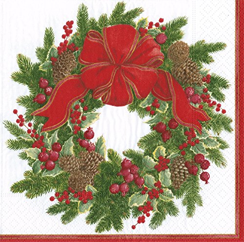 Caspari Evergreen Wreath Servietten Cocktail Stoff/Papier, Mehrfarbig, Stoff, Mehrfarbig, 20x20x0.02 cm von Caspari