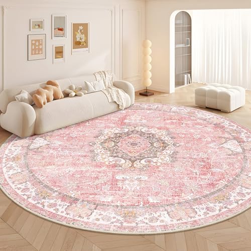 Castage Großer runder Teppich, Boho-Teppich für Schlafzimmer, Wohnzimmer, waschbar, Vintage, Bohemian, Used-Look, orientalisches Blumenmuster, 2,7 m, Rosa Castage Großer runder Teppich, Boho-Teppich für Schlafzimmer, Wohnzimmer, waschbar, Vintage, Bohemian, Used-Look, orientalisches Blumenmuster, 2,7 m, Rosa von Castage