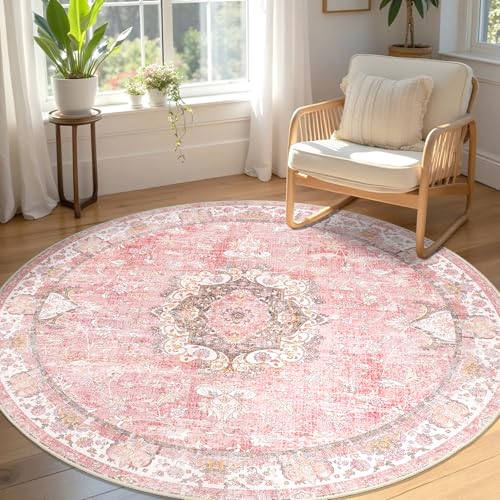 Castage Rosafarbener runder Teppich, 1,5 m, rund, Boho-Teppich für Schlafzimmer, Wohnzimmer, Nachttisch, waschbar, Vintage, Bohemian-Stil, orientalisch, rutschfest, Blush Floral von Castage