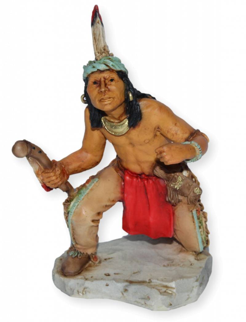 Indianerfigur Indianer Ottawa Anführer Chief Pontiac Skulptur H 14 cm geduckt mit Kopfschmuck von Castagna