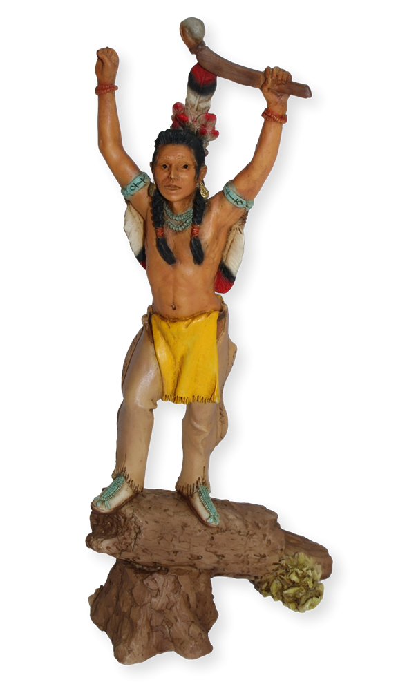Indianerfigur Massasoit H 24 cm Wasamegin Gelbe Feder mit Kopfschmuck stehend auf Holzstamm Castagna von Castagna