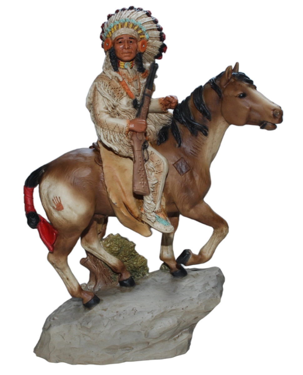 Indianerfigur White Quiver auf Pferd reitend H 21 cm Native American Skulptur aus Alabaster Castagna von Castagna