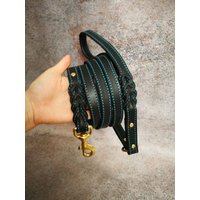 Geflochtenes Schwarzes Leder Türkis Akzent Hundeleine, Messing Snap 1 in Dekor Hundeleine Mit Ringfunktion von CastellarCollars