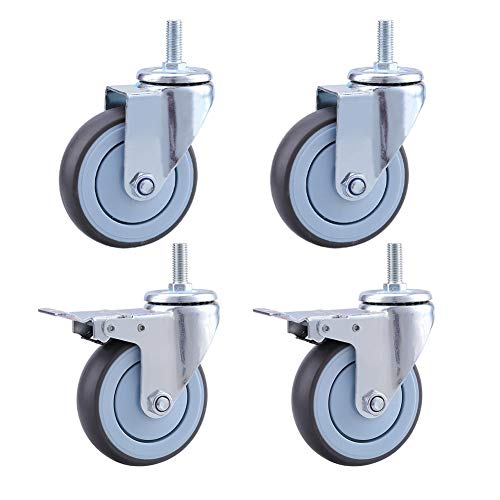 Schwerlastrollen Gewinde M12 Leise Gummirollen für den industriellen Transport Lenkrollen mit Bremse 600kg Universal Doppellager 3 '' / 4 '' / 5 '' für Wagen Werkbank Holzboden 4 Stück von Casters