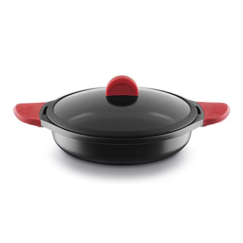 Castey Fundix Flache Kasserolle / 28 cm / mit Deckel 30 cm / Perfekte Wärmeverteilung / Sicheren und äußerst weichen Silikongriffe, Rot von Castey