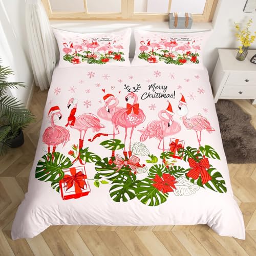 Bettwäsche-Set mit Aufschrift "Merry Christmas", King-Size-Größe für Damen und Herren, rosa Flamingo, Cartoon, Vogel, Tier, Bettdeckenbezug mit 2 Kissenbezügen, Winterschneeflocke, grüne Blätter Bettwäsche-Set mit Aufschrift "Merry Christmas", King-Size-Größe für Damen und Herren, rosa Flamingo, Cartoon, Vogel, Tier, Bettdeckenbezug mit 2 Kissenbezügen, Winterschneeflocke, grüne Blätter von Castle Fairy