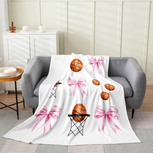 Castle Fairy Basketball-Flanelldecke für Kinder, Mädchen, Sport-Schleife, Flanell-Fleecedecke, 101,6 x 127 cm, rosa Schleife, Basketballkorb, flauschige Decke, Mädchen-Sport-Bettdecken von Castle Fairy