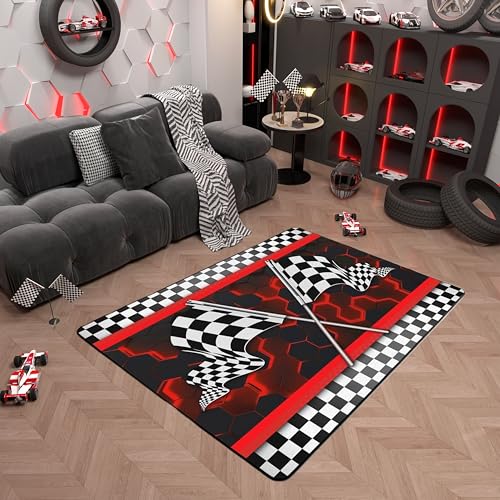 Castle Fairy Jungen-Rennwagen-Teppich, 15,7 x 1,8 m, schwarz-weiß, Rennflagge, Dekoration, fusselfrei, für Schlafzimmer, Spielzimmer, Nachttisch, rote sechseckige Waben, dekorative Bodenmatte für den Castle Fairy Jungen-Rennwagen-Teppich, 15,7 x 1,8 m, schwarz-weiß, Rennflagge, Dekoration, fusselfrei, für Schlafzimmer, Spielzimmer, Nachttisch, rote sechseckige Waben, dekorative Bodenmatte für den von Castle Fairy