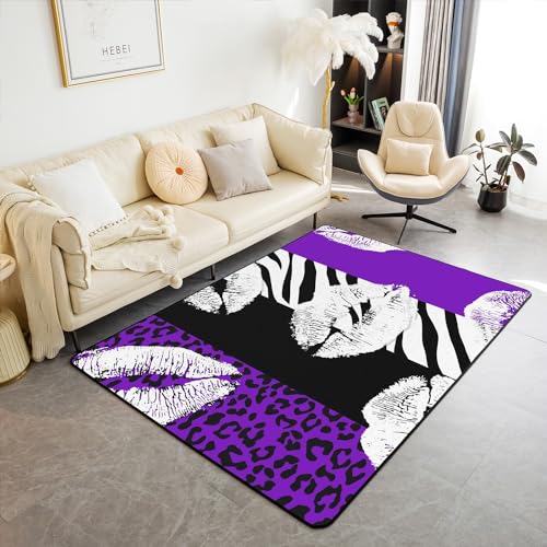 Castle Fairy Teppich mit weißen Lippen, violetter Leopardenmuster, rutschfester Teppich für Teenager und Erwachsene, schwarz-weißes Zebra-Tierfell-Druck, Bodenmatte für den Innenbereich, für von Castle Fairy