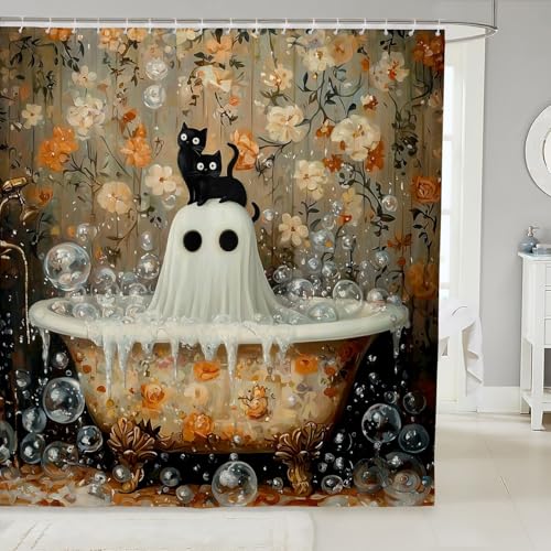Duschvorhang-Sets mit Halloween-Geistermotiv, Stoff-Duschvorhänge für Badezimmer, Retro-Stil, wasserdichter Stoff, Horror-Thema, Badvorhang mit 12 Haken, 183 x 213 cm (B x L) von Castle Fairy