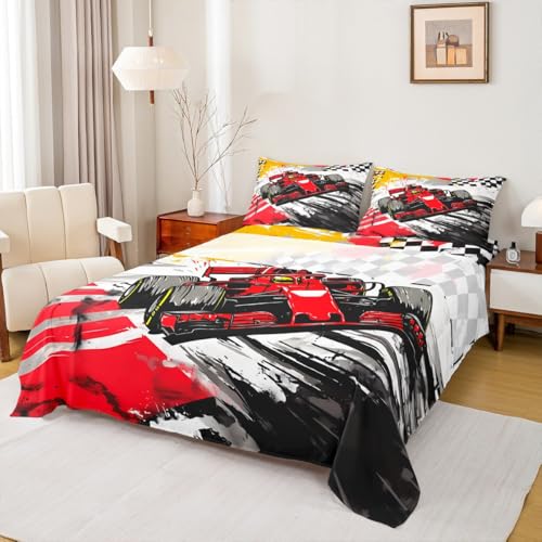 Formel-Rennwagen-Bettwäsche-Set für King-Size-Betten, karierte Flagge, Speed-Extremsport-Bett-Dekor für Teenager, Jungen, abstraktes Graffiti, modisches Bettlaken-Set, 4-teilig (Spannbettlaken + flach Formel-Rennwagen-Bettwäsche-Set für King-Size-Betten, karierte Flagge, Speed-Extremsport-Bett-Dekor für Teenager, Jungen, abstraktes Graffiti, modisches Bettlaken-Set, 4-teilig (Spannbettlaken + flach von Castle Fairy