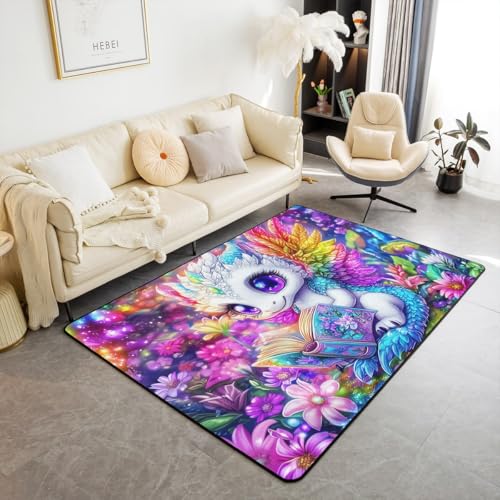 Teppich mit Cartoon-Drachen, 90 x 150 cm, rutschfest, für Kinder, Mädchen, Erwachsene, Aquarell-Blumen, Dekor-Teppich für Wohnzimmer, Schlafzimmer, Spielzimmer, Hinterhof von Castle Fairy