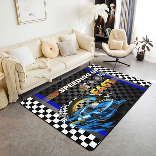 Teppich mit Rennwagen-Motiv, 100 x 150 x 1 cm, Extremsport-Teppich für Kinder, blauer Rennwagen-Dekor-Teppich für Wohnzimmer, Schlafzimmer, Spielzimmer, Hinterhof von Castle Fairy