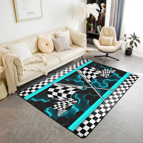 Teppich mit Wabenmuster, Neonlichter, 1,5 x 1,8 m, Rennwagen-Flagge, Teppich für Nachttisch, Wohnzimmer, Hinterhof, Sofa, Dekoration, geometrischer sechseckiger Bienenstock, kariert von Castle Fairy