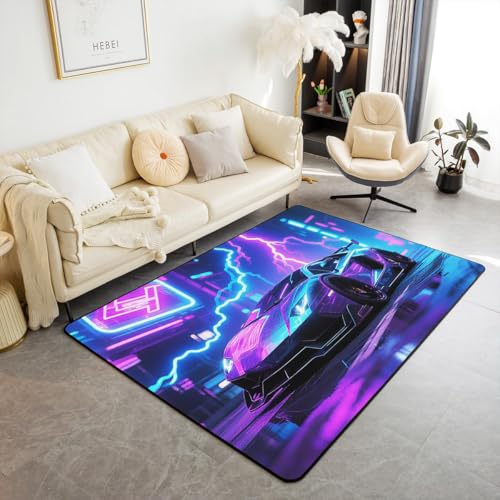 Waschbarer Teppich mit Rennauto, Batikfärbung, Lightning-Teppich für Wohnzimmer, Schlafzimmer, kühle Geschwindigkeit, Auto, Innenbereich, Bodenteppich für Kinder, Mädchen und Jungen, moderner Stil Waschbarer Teppich mit Rennauto, Batikfärbung, Lightning-Teppich für Wohnzimmer, Schlafzimmer, kühle Geschwindigkeit, Auto, Innenbereich, Bodenteppich für Kinder, Mädchen und Jungen, moderner Stil von Castle Fairy
