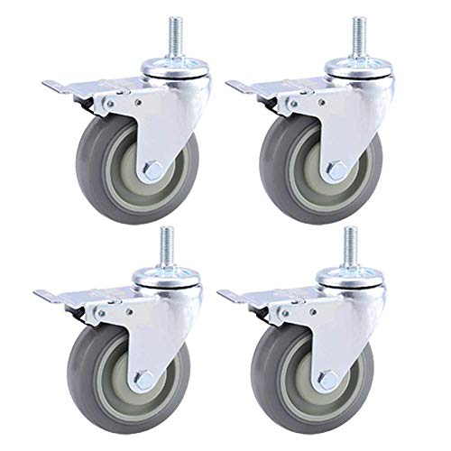4 Möbelrollen Schwerlastrollen M12 × 30mm Gewinde Industrieller Transport Gummirollen Leise Mit Bremse 75 mm / 100 mm / 125 mm 480 kg Supermarkt Lenkrollen Doppellager Stielrollen von Castors