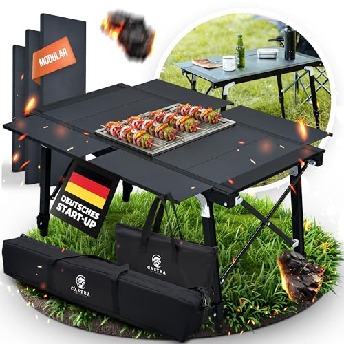 Castra Premium Campingtisch mit integriertem Grill – Aluminium 7075, höhenverstellbar, Outdoor wetterfest, innovatives Faltsystem, Multifunktionstisch & Camping Zubehör für Garten, Reisen & Angeln von Castra Camping Gear