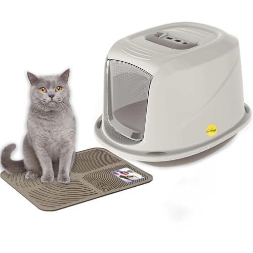Cat Centre Katzenklo Mit Deckel Katzentoilette Mit Abdeckung Klapptür Mit Grauer Katzenstreu Matte Grau L 57 x 39,5 x 38 cm von Cat Centre