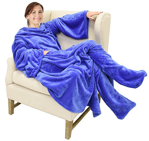 Catalonia Classy Decke mit Ärmeln und Fußtasche Geschenk für Frauen Herren, Flauschig Fleece Tragbare Kuscheldecke mit Ärmeln, Warm Decke zum Anziehen Ärmeldecke Erwachsene, 190 x 135 cm Blau von Catalonia Classy