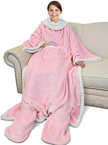 Catalonia Classy Flauschig Decke mit Ärmeln und Fußtasche Warm Geschenk für Frauen Herren Weihnachten, Flauschige Sherpa Kuscheldecke mit Ärmeln, Wohndecke zum Anziehen Erwachsene, 190 x 135 cm Rosa von Catalonia Classy
