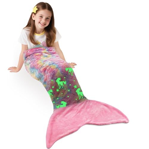 Glow in The Dark Meerjungfrauen Schwanz Decke, weicher Warmer Plüsch Fleece Schlafsack Kuscheldecke, 155 x 50 cm Fischschuppenmuster, Einhorn von Catalonia Classy