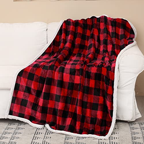 Catalonia Classy Karierte Sherpa-Decke, Überwurf, Flauschige Büffeldecke, weihnachtliche, Karierte, warme Plüsch-Mikrofaser-Winter-Wendedecke für Couch, Schlafsofa, 150 x 130 cm, Rot Plaid von Catalonia Classy