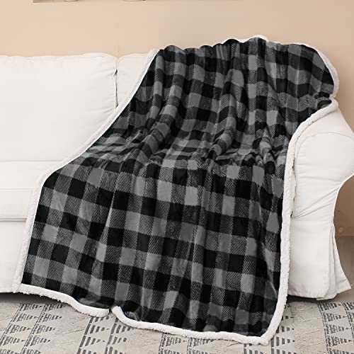 Catalonia Classy Karierte Sherpa-Decke, Überwurf, Flauschige Büffeldecke, weihnachtliche, Karierte, warme Plüsch-Mikrofaser-Winter-Wendedecke für Couch, Schlafsofa, 150 x 130 cm, Schwarz Plaid von Catalonia Classy