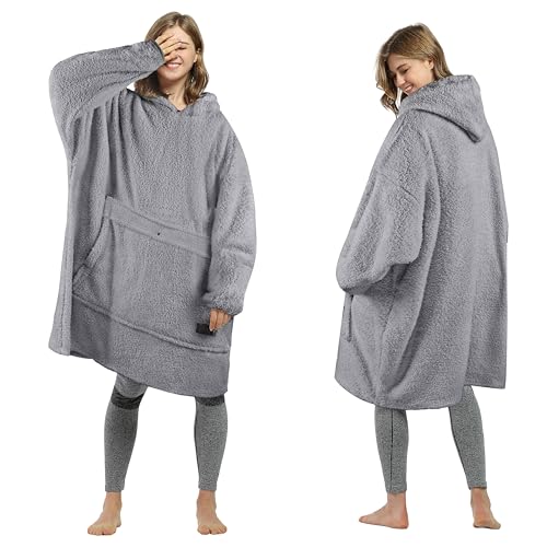 Übergroße Sherpa Hoodie Decke, Flauschige Warme Oversized Kuscheldecke mit Ärmeln und Kapuze, Tragbare Decke zum Anziehen als Geschenkidee für Damen Herren von Catalonia Classy