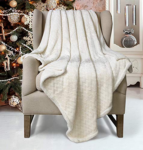 Catalonia Sherpa Decke Flauschige Kuscheldecke, Superweiche Warme Fleece Sofadecke/Couchdecke für Sofa TV Bett, umschaltbar Perfekt für Winter Chevron Muster, 150 x 130cm, Weiß von Catalonia Classy