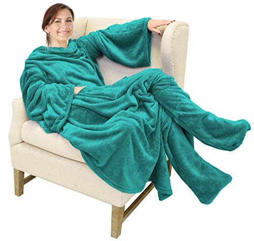 Catalonia Classy Tragbare Kuscheldecke mit Ärmeln und Fußtasche, warmes Geschenk für Sofa-Liebhaber, weiche Fleece-Decken für Familie, gemütliche Decken für Winter, 190 x 135 cm Grün von Catalonia Classy