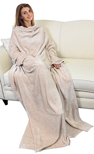 Catalonia Classy Tragbare Kuscheldecke mit Ärmeln, gemütliches Geschenk für Frauen Frau Freundin, warme weiche Fleece TV-Decke mit Armen für Sofa Couch, Geschenk für sie, 185 x 130 cm Creme von Catalonia Classy