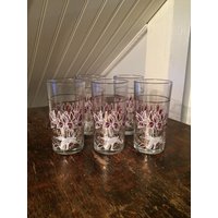 Vintage Ca. 1980Er Jahre Set Von 5 Covetro Highball Cocktail Gläser Mit Lila Weiß & Gold Lily Muster Italienisch Made in Italy von CatamountCurios