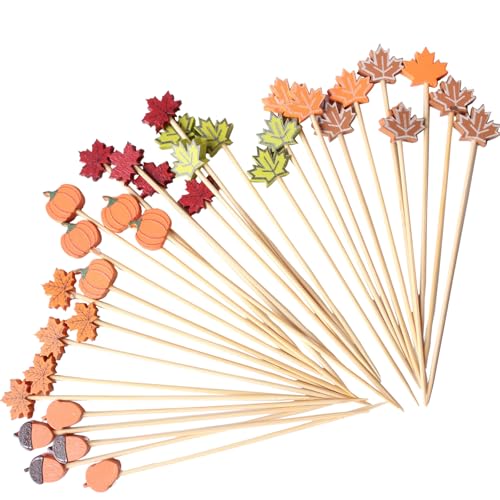 Catelves 100 Stück Ahornblatt Cocktailspieße Herbst Party Cocktail Zubehör Deko,Kürbis Zahnstocher Holz,Spieße Fingerfood Thanksgiving Dekoration,Ahornblatt Holzspieße für Herbst Thema Party Deko von Catelves