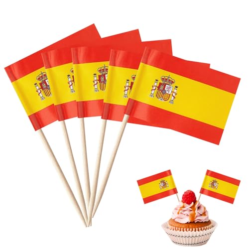 Catelves 100 Stück Spanien Zahnstocher Holz,Spanien Flagge Cocktail Stick,Spanien Party Spieße Fingerfood,Zahnstocher mit Spanien Fähnchen für Cake Obst von Catelves