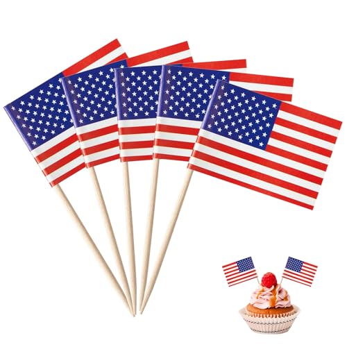 Catelves 100 Stück Amerika Zahnstocher,USA Flaggen USA Deko Party Spieße Fingerfood,Amerika Cocktail Stick,Olympia Flagge USA Cupcake Toppers,Cocktail Zubehör von Catelves
